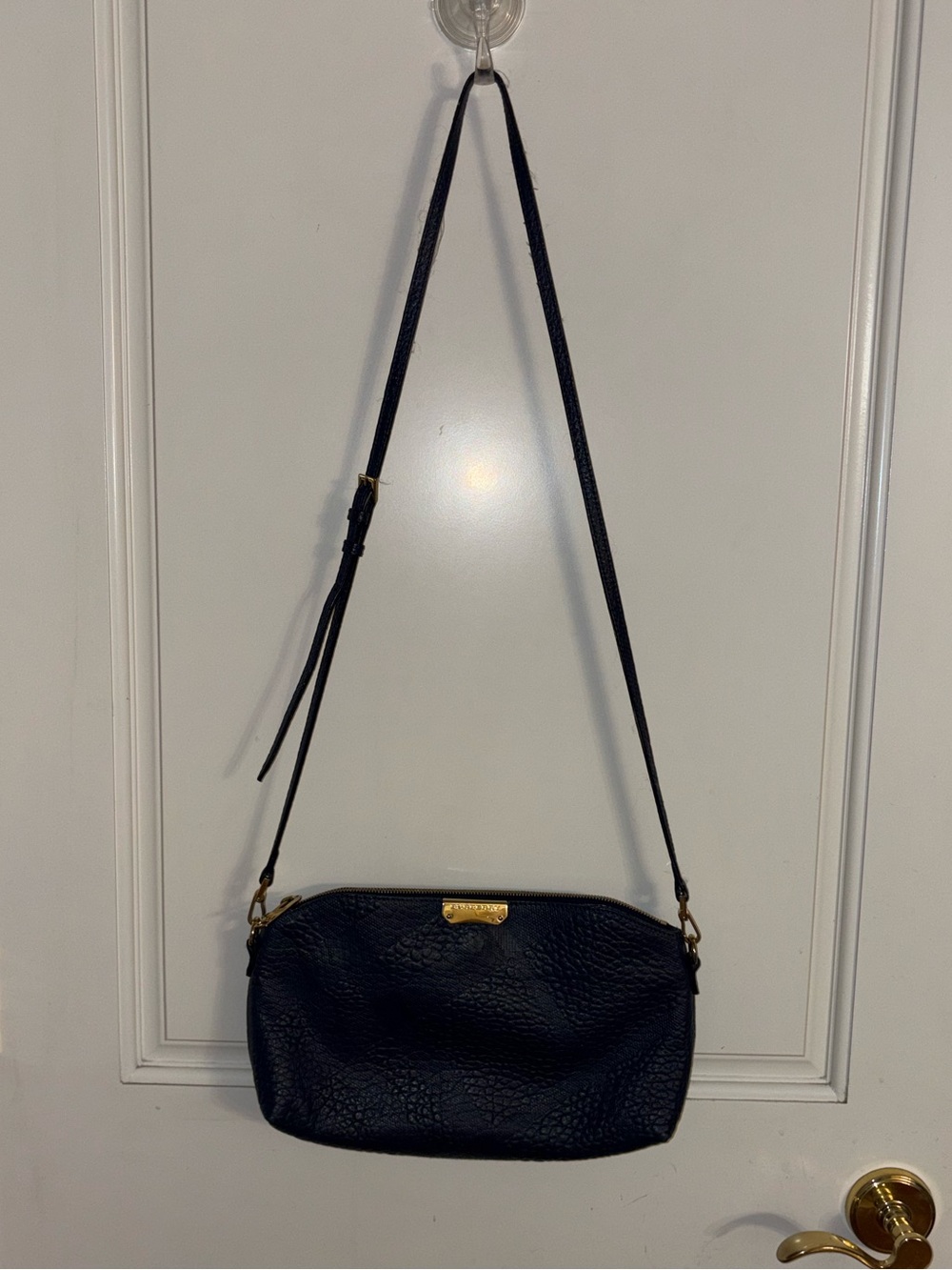 Burberry Vintage Navy Blue Pebbled Leather Crossbody with Gold-Tone Accents